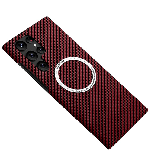 F�r Samsung Galaxy S25 Ultra MagSafe Design Carbon Textur H�lle Rot