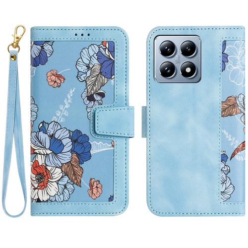 F�r Xiaomi 14T Kunstleder Wallet Blumen Design Tasche H�lle Hellblau
