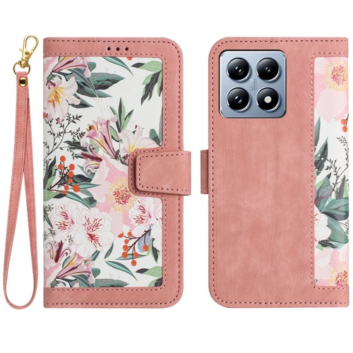 F�r Xiaomi 14T Kunstleder Wallet Blumen Design Handy Tasche H�lle Rosa