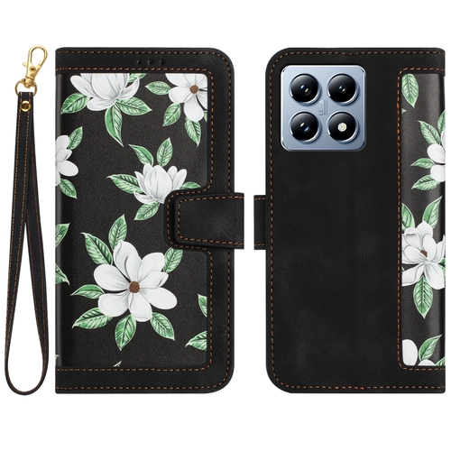 F�r Xiaomi 14T Pro Kunstleder Book Wallet Blumen Tasche H�lle Schwarz