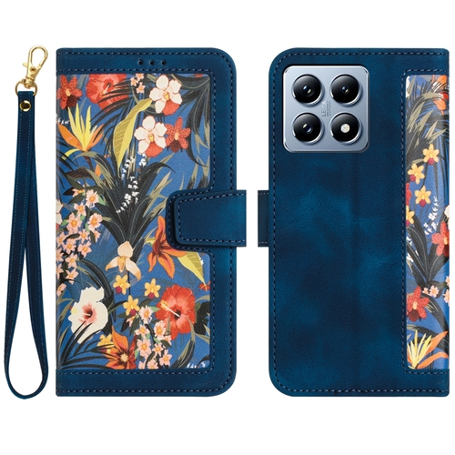 F�r Xiaomi 14T Pro Kunstleder Wallet Blumen Tasche H�lle Dunkelblau