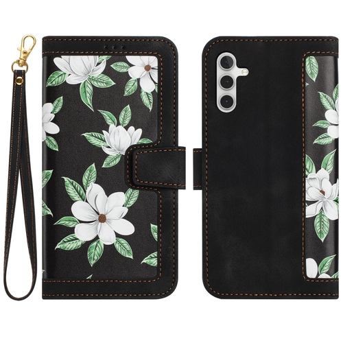 F�r Samsung Galaxy S25 Kunstleder Wallet Blumen Tasche H�lle Schwarz