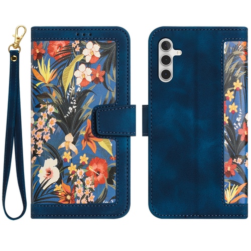F�r Samsung Galaxy S25 Kunstleder Wallet Blumen Tasche H�lle D- Blau