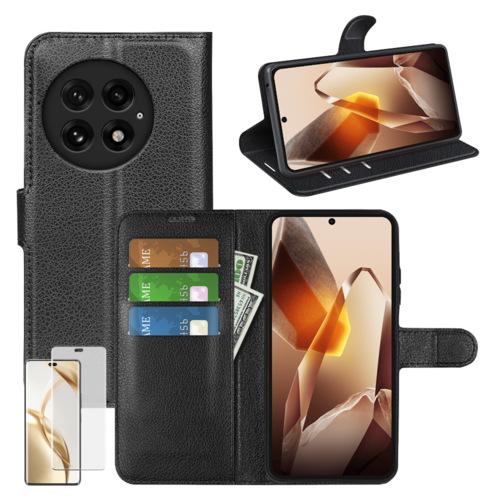 F�r OnePlus 13R Book Wallet Handy Tasche Schwarz + 4D Curved Hart Glas