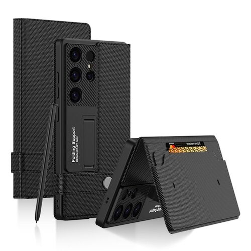 F�r Samsung Galaxy S25 Ultra GKK Flip Wallet Leder / TPU H�lle Carbon