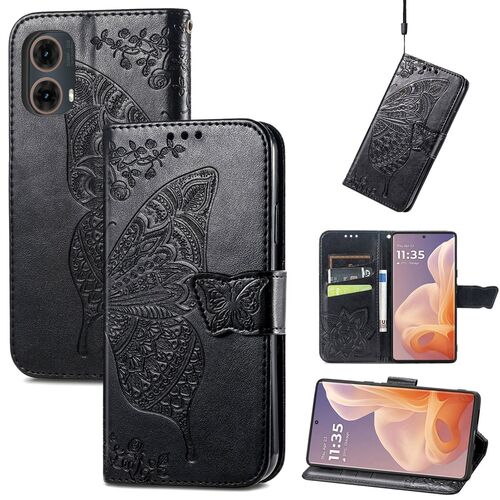 F�r Motorola Moto G85 Kunstleder Schmetterling Wallet H�lle Schwarz