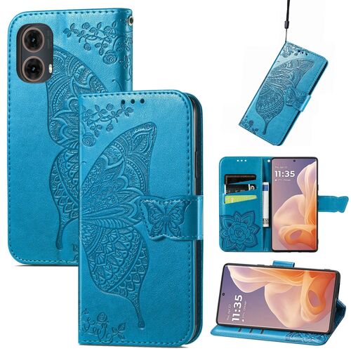 F�r Motorola Moto G85 Kunstleder Schmetterling Book Wallet H�lle Blau
