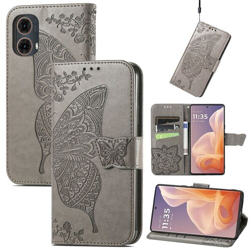 F�r Motorola Moto G85 Kunstleder Schmetterling Book Wallet H�lle Grau