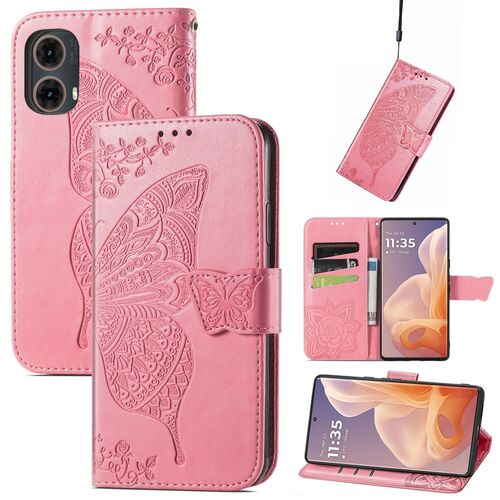 F�r Motorola Moto G85 Kunstleder Schmetterling Book Wallet H�lle Pink