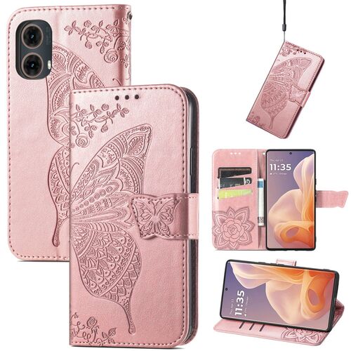 F�r Motorola Moto G85 Kunstleder Schmetterling Book Wallet H�lle Rosa