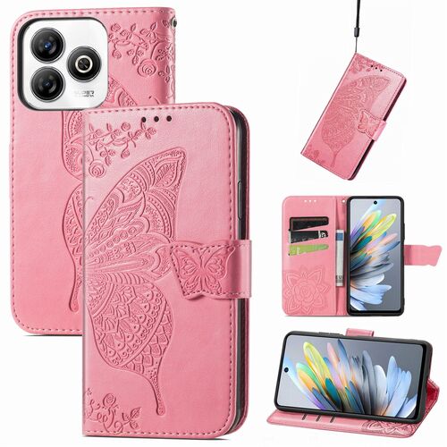 F�r ZTE Blade A75 4G Kunstleder Schmetterling Wallet H�lle Tasche Pink