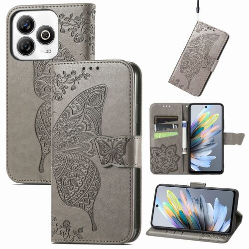 F�r ZTE Blade A75 4G Kunstleder Schmetterling Wallet H�lle Tasche Grau