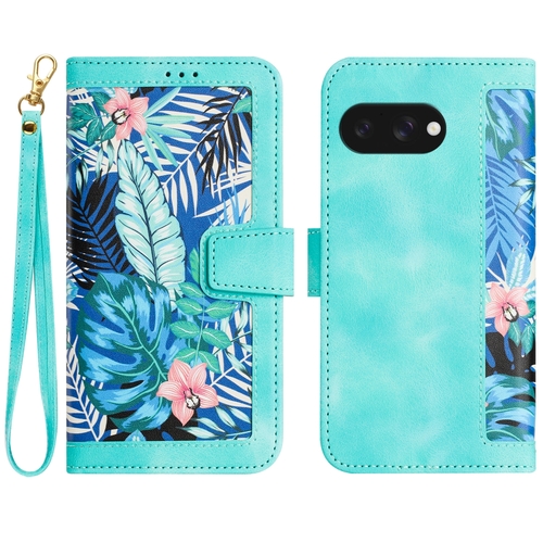 F�r Google Pixel 9a Kunstleder Book Wallet Blumen Tasche H�lle Gr�n