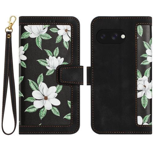 Fr Google Pixel 9a Kunstleder Book Wallet Blumen Tasche Hlle Schwarz