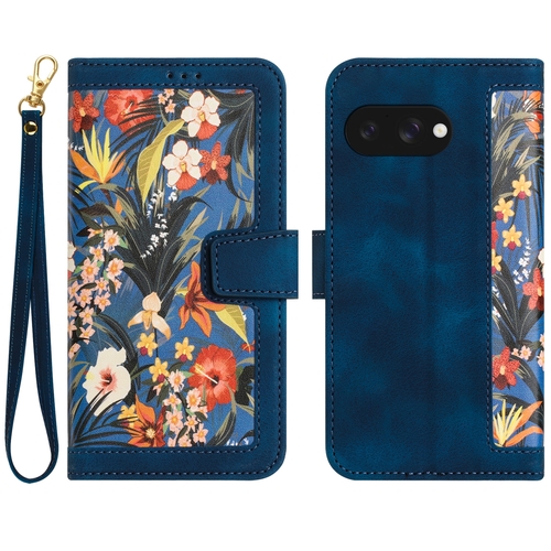 F�r Google Pixel 9a Kunstleder Book Wallet Blumen Tasche H�lle D- Blau