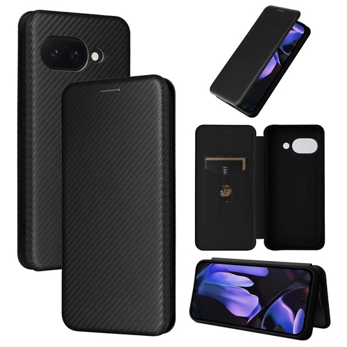 F�r Google Pixel 9a Carbon Faser Flip Textur Schutz H�lle Schwarz