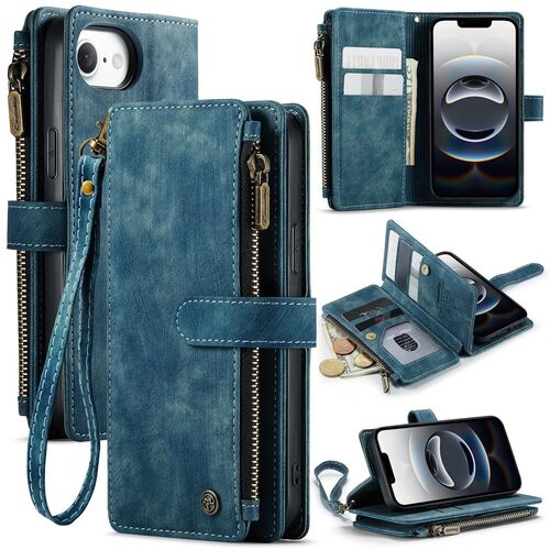 F�r Apple iPhone 16e Kunstleder Multifunktion Wallet Tasche Case Blau