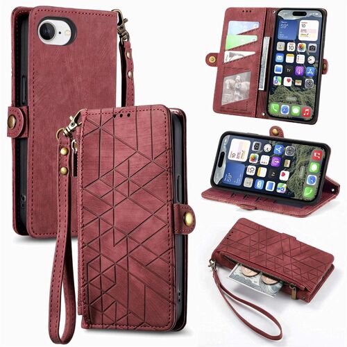 F�r Apple iPhone 16e Kunstleder Design Zipper Book Wallet Tasche Rot