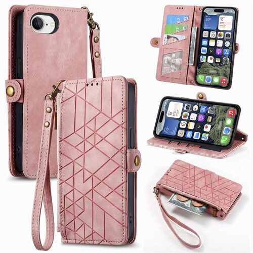 Fr Apple iPhone 16e Kunstleder Design Zipper Book Wallet Tasche Rosa