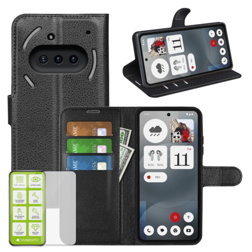 F�r Nothing Phone 3a Kunstleder Wallet Tasche Schwarz + 9H Hart Glas