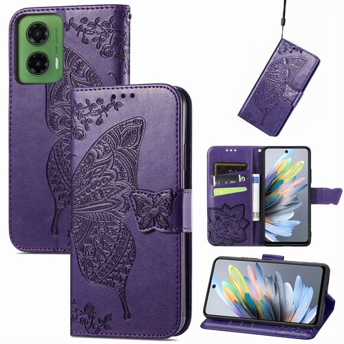F�r Motorola Moto G35 Kunstleder Schmetterling Book Tasche H�lle Lila