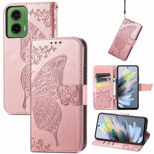 F�r Motorola Moto G35 Kunstleder Schmetterling Handy Tasche H�lle Rosa