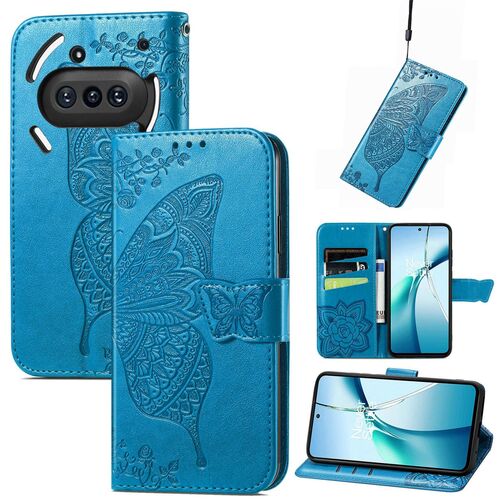 F�r Nothing Phone 3a Kunstleder Schmetterling Handy Tasche H�lle Blau