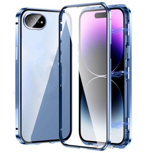 F�r Apple iPhone 16e Beidseitiger Metall Magnet Glas Bumper H�lle Blau