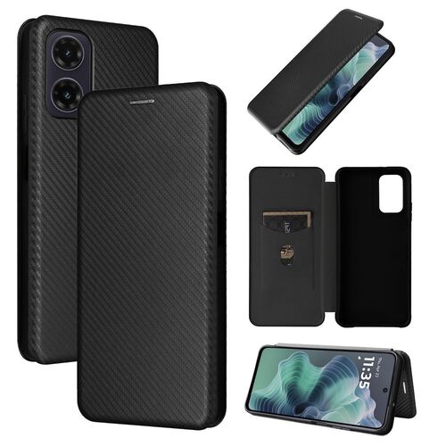 F�r Motorola Moto G35 Carbon Faser Flip Textur Schutz H�lle Schwarz