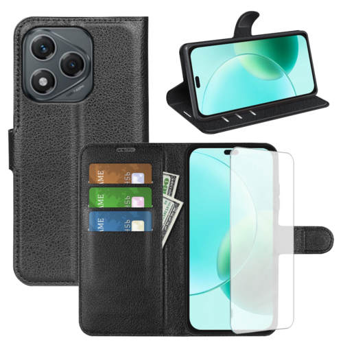 F�r Honor 400 Lite Kunstleder Book Wallet H�lle Schwarz + 9H Hart Glas