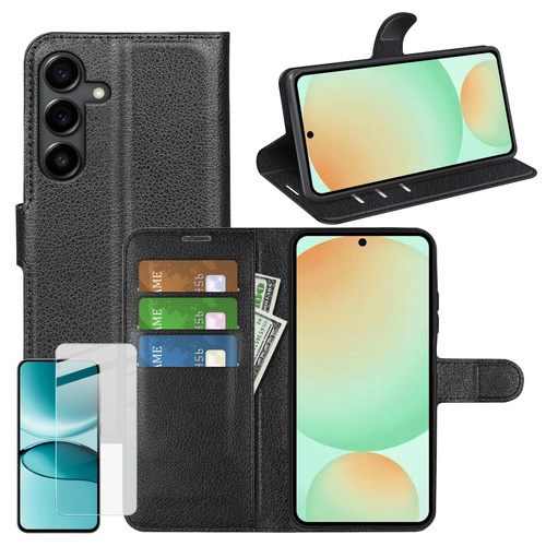 F�r Samsung Galaxy S25 FE Kunstleder Book H�lle Schwarz + 9H Hart Glas