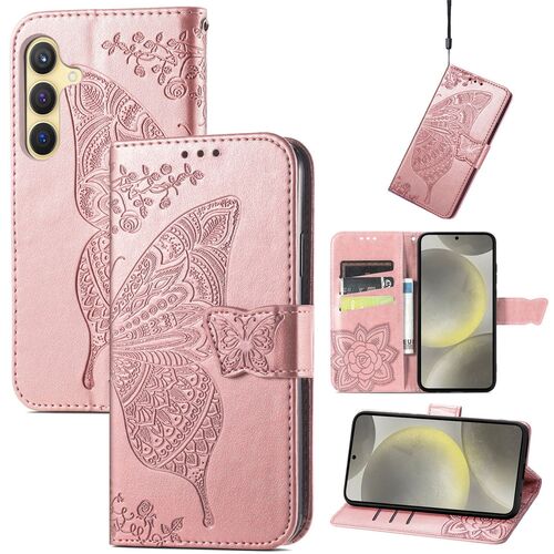 F�r Samsung Galaxy S25 FE 5G Kunstleder Schmetterling Book H�lle Rosa