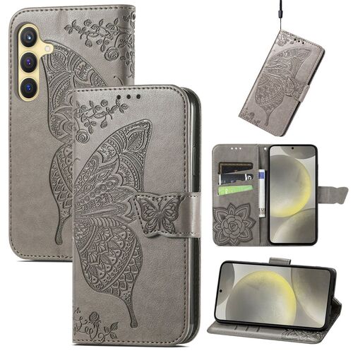 F�r Samsung Galaxy S25 FE 5G Kunstleder Schmetterling Book H�lle Grau