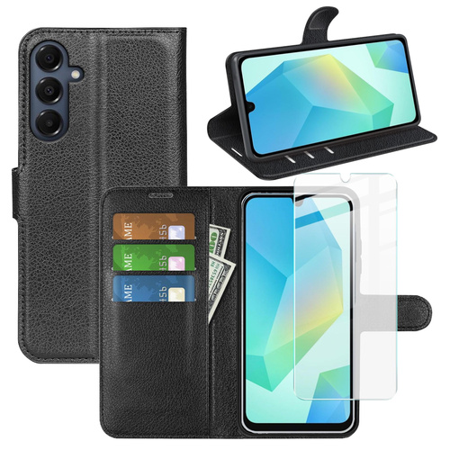 F�r Samsung Galaxy A17 5G / 4G Kunstleder H�lle Schwarz + 9H Hart Glas