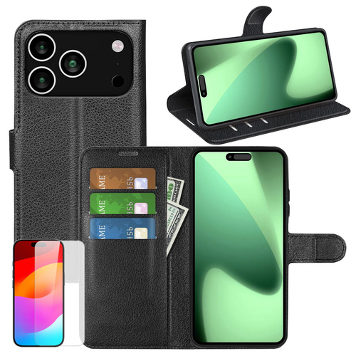 F�r Apple iPhone 17 Pro Kunstleder Wallet H�lle Schwarz + 9H Hart Glas