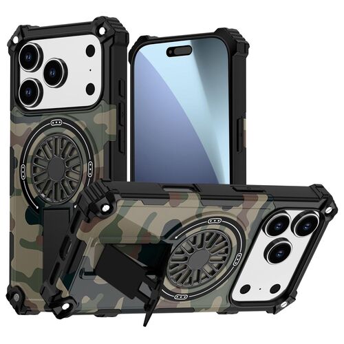 F�r Apple iPhone 17 Pro Camouflage MagSafe Ring Kickstand H�lle Gr�n