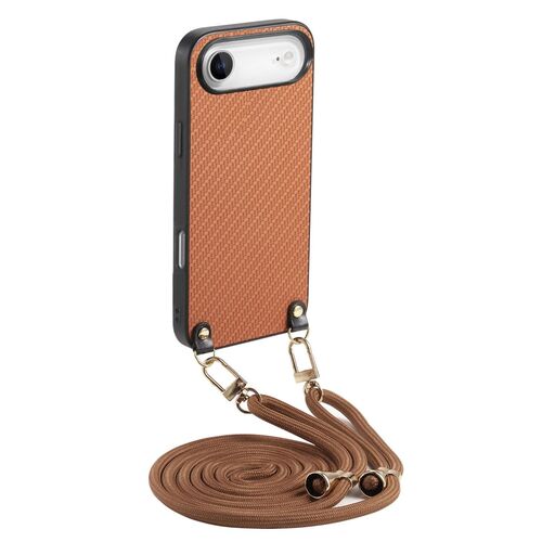 F�r Apple iPhone 17 Air Carbon Design Leder H�lle Umh�ngeband Braun