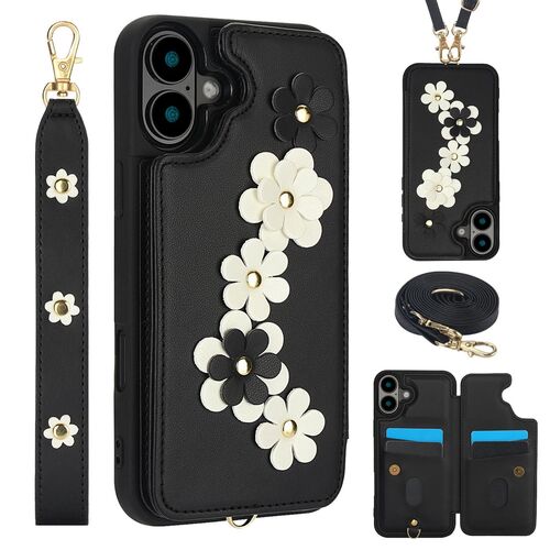 Fr Apple iPhone 17 Hlle aus Kunstleder mit Blumenmuster Schwarz