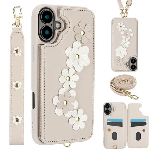 F�r Apple iPhone 17 H�lle Crossbody Kunstleder mit Blumenmuster Wei�