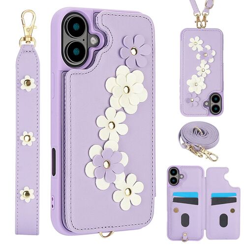 F�r Apple iPhone 17 H�lle Crossbody Kunstleder mit Blumenmuster Lila