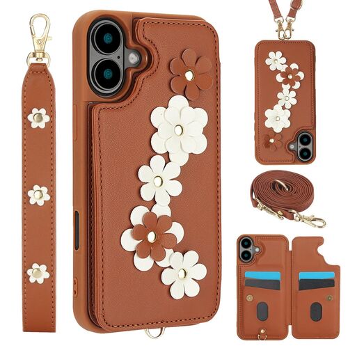 Fr Apple iPhone 17 Hlle Crossbody Kunstleder mit Blumenmuster Braun