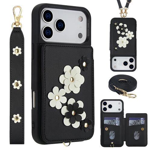 F�r Apple iPhone 17 Pro Max Crossbody Kunstleder Blumen H�lle Schwarz