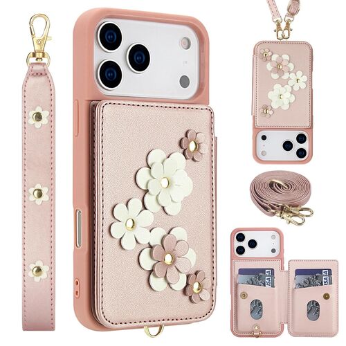F�r Apple iPhone 17 Pro Max Crossbody Kunstleder Blume H�lle Rose Gold