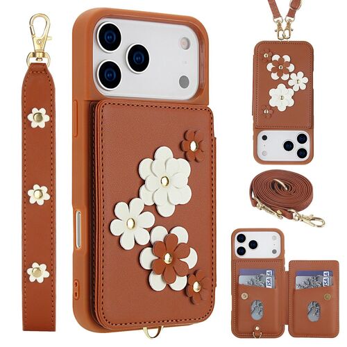 F�r Apple iPhone 17 Pro Max Crossbody Kunstleder Blumen H�lle Braun
