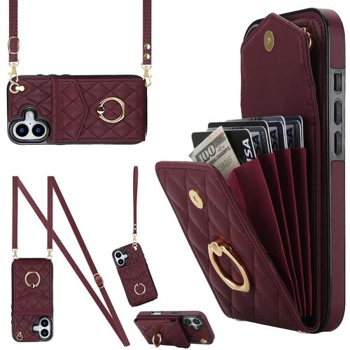 F�r Apple iPhone 17 Crossbody Kunstleder Rhombic Design H�lle Weinrot