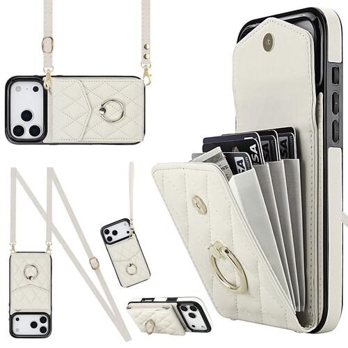F�r Apple iPhone 17 Pro Crossbody Kunstleder Rhombic Design H�lle Wei�