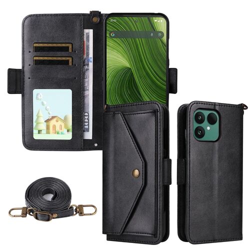 F�r Fairphone 6 Crossbody Echtleder Kartenfach Schutz H�lle Schwarz