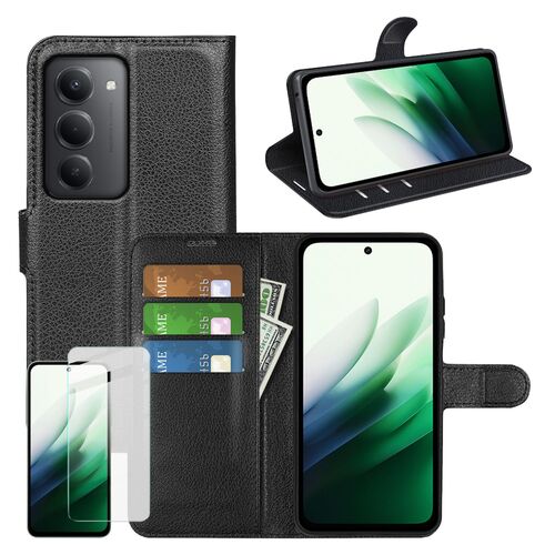F�r Xiaomi Redmi 15 5G Kunstleder Wallet H�lle Schwarz + 9H Hart Glas
