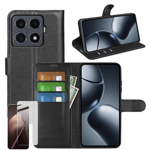 F�r Xiaomi 15T Pro Kunstleder Book Wallet H�lle Schwarz + 9H Hart Glas