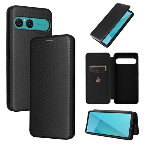 F�r Sony Xperia 10 VII Carbon Faser Textur Flip Schutz H�lle Schwarz